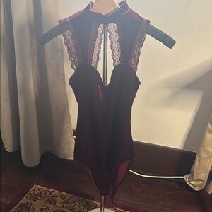 Burgundy Lace Velvet Bodysuit